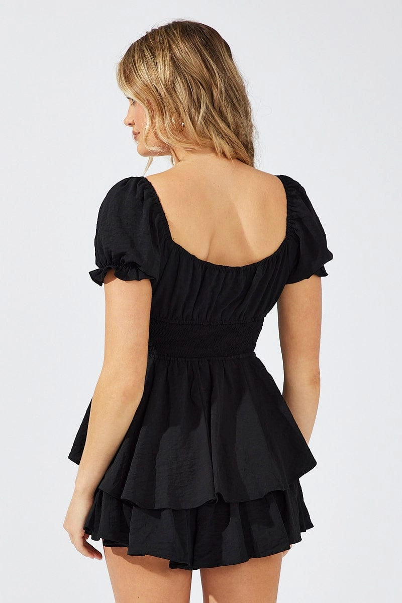Black Ruffle Playsuit Short Sleeve Ruched Bust