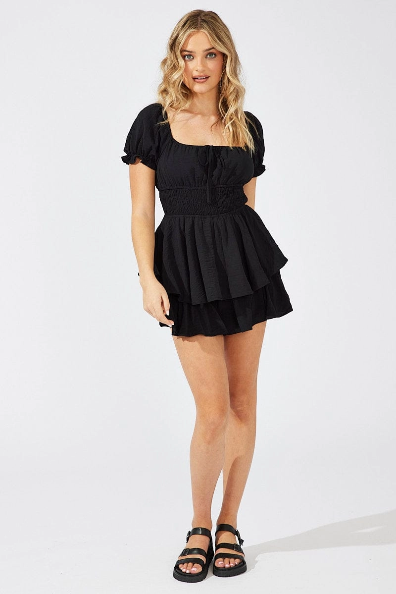 Black Ruffle Playsuit Short Sleeve Ruched Bust