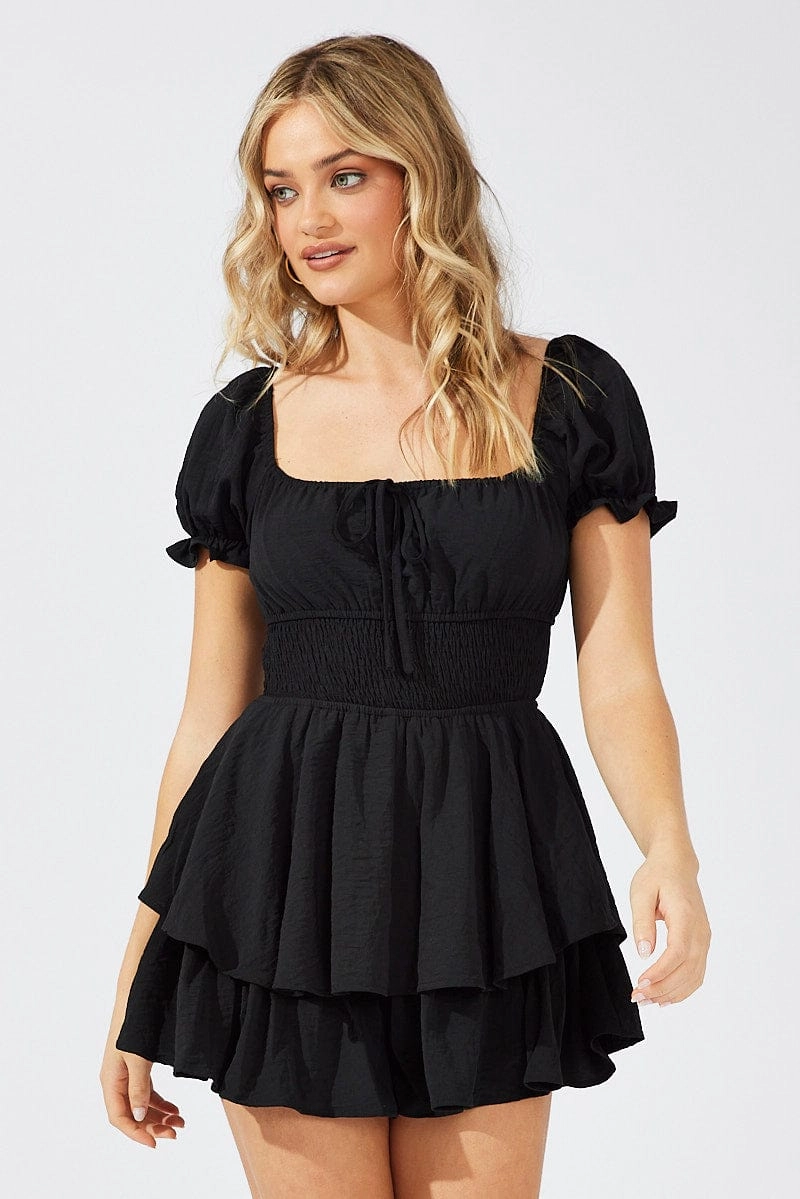 Black Ruffle Playsuit Short Sleeve Ruched Bust