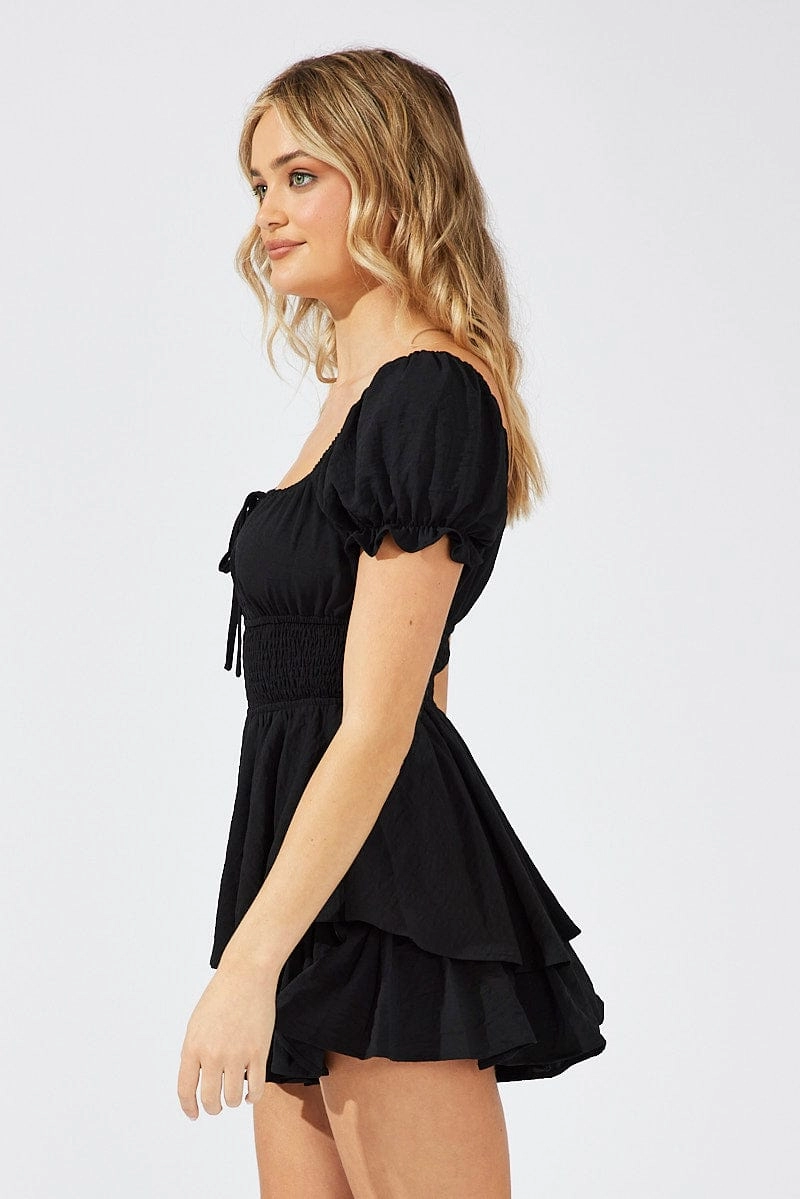 Black Ruffle Playsuit Short Sleeve Ruched Bust