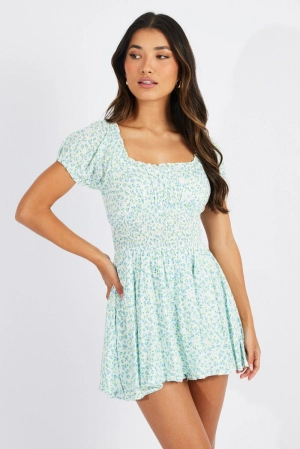 Blue Ditsy Shirred Playsuit Short Sleeve