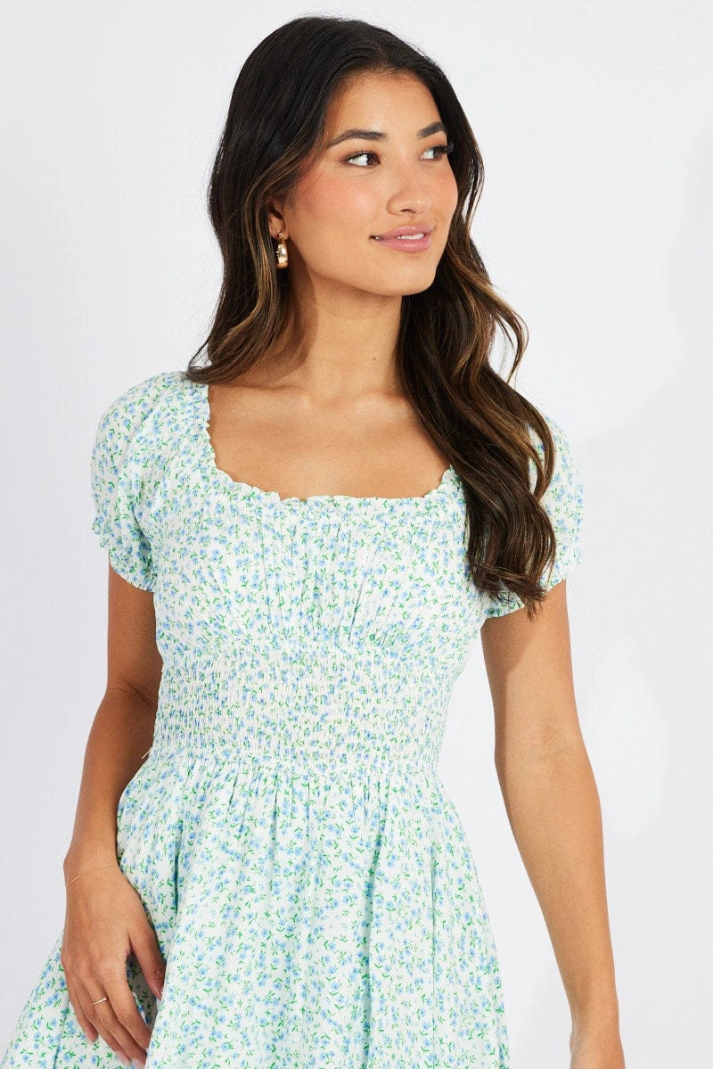 Blue Ditsy Shirred Playsuit Short Sleeve