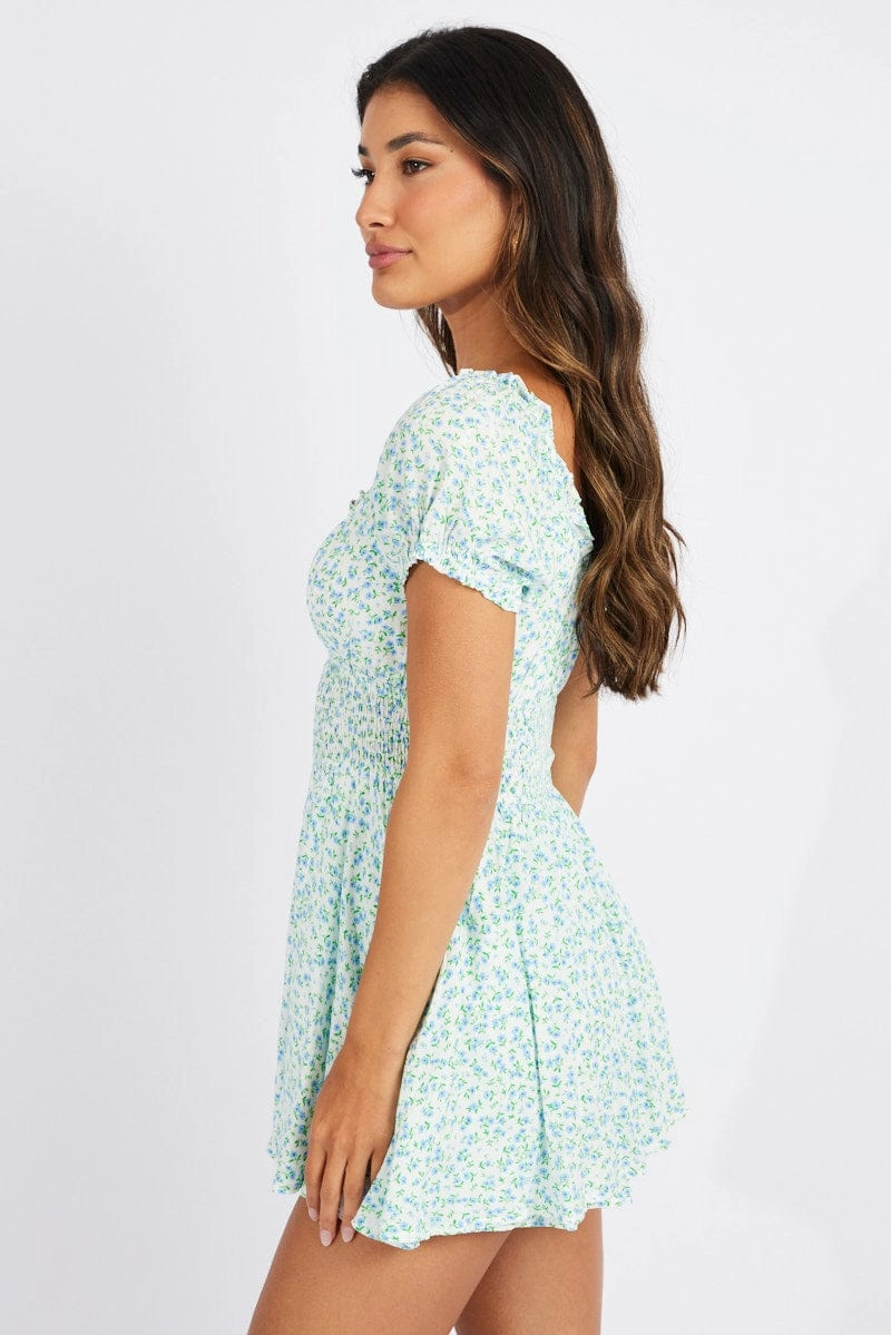 Blue Ditsy Shirred Playsuit Short Sleeve