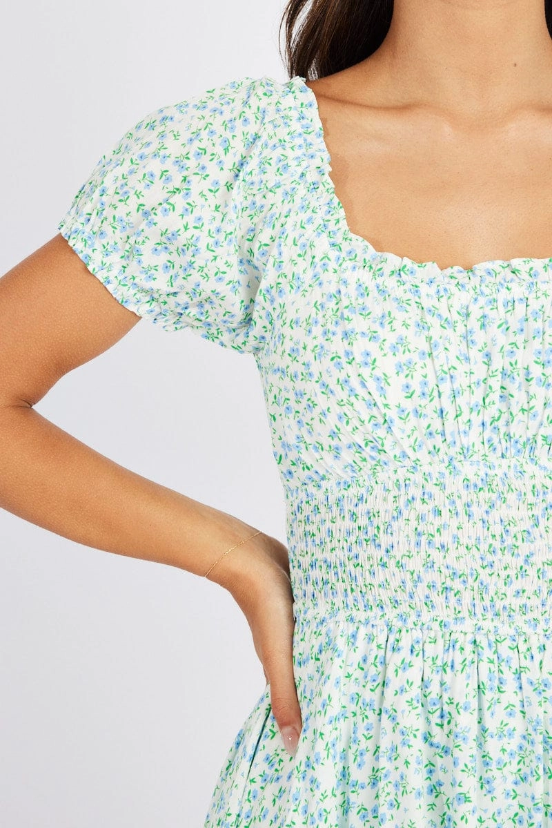 Blue Ditsy Shirred Playsuit Short Sleeve