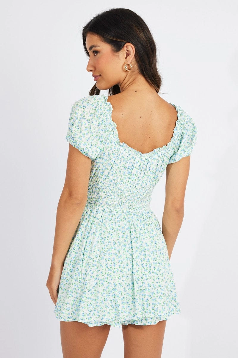 Blue Ditsy Shirred Playsuit Short Sleeve