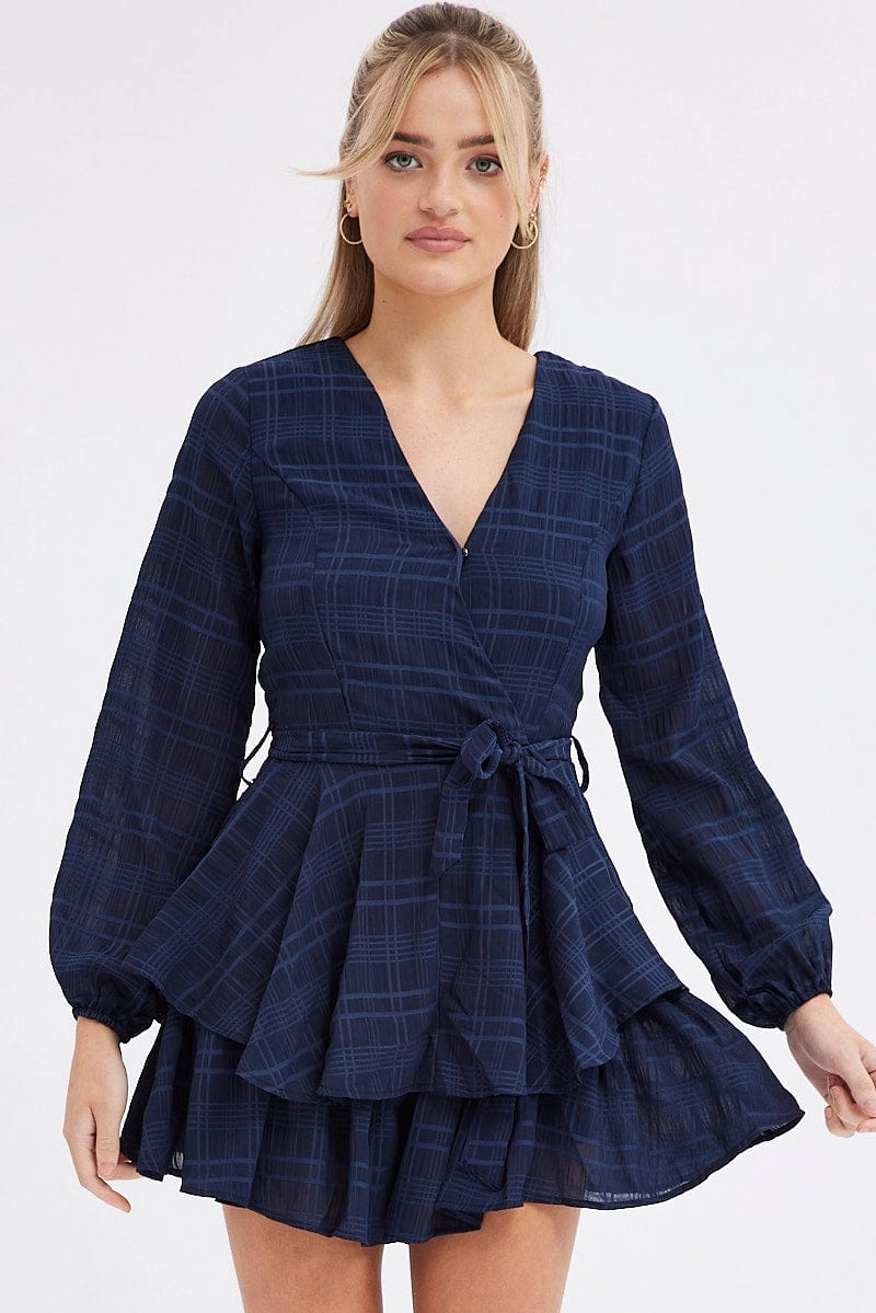 Blue Ruffle Playsuit Long Sleeve Wrap Front