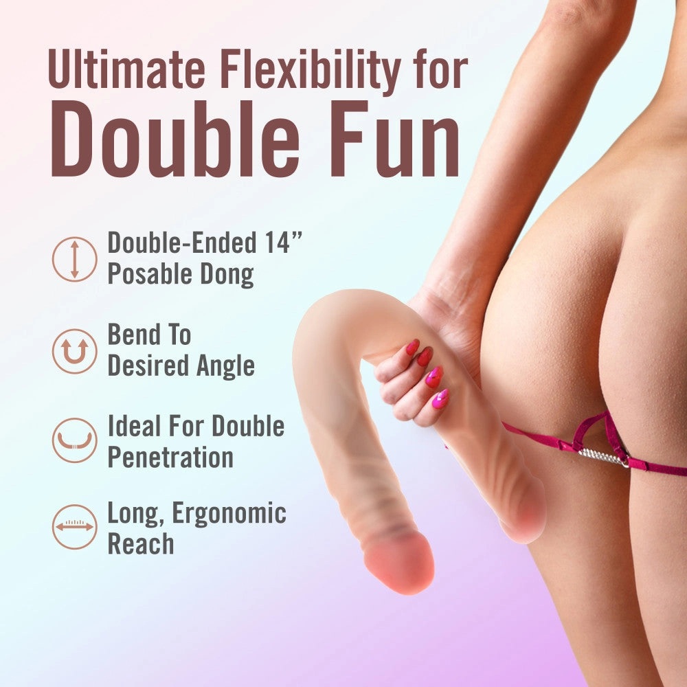 Dr. Skin Plus | 14 Inch Double Dong – Extra Long Double-Ended Dildo With A Realistic Posable Shaft - Beige