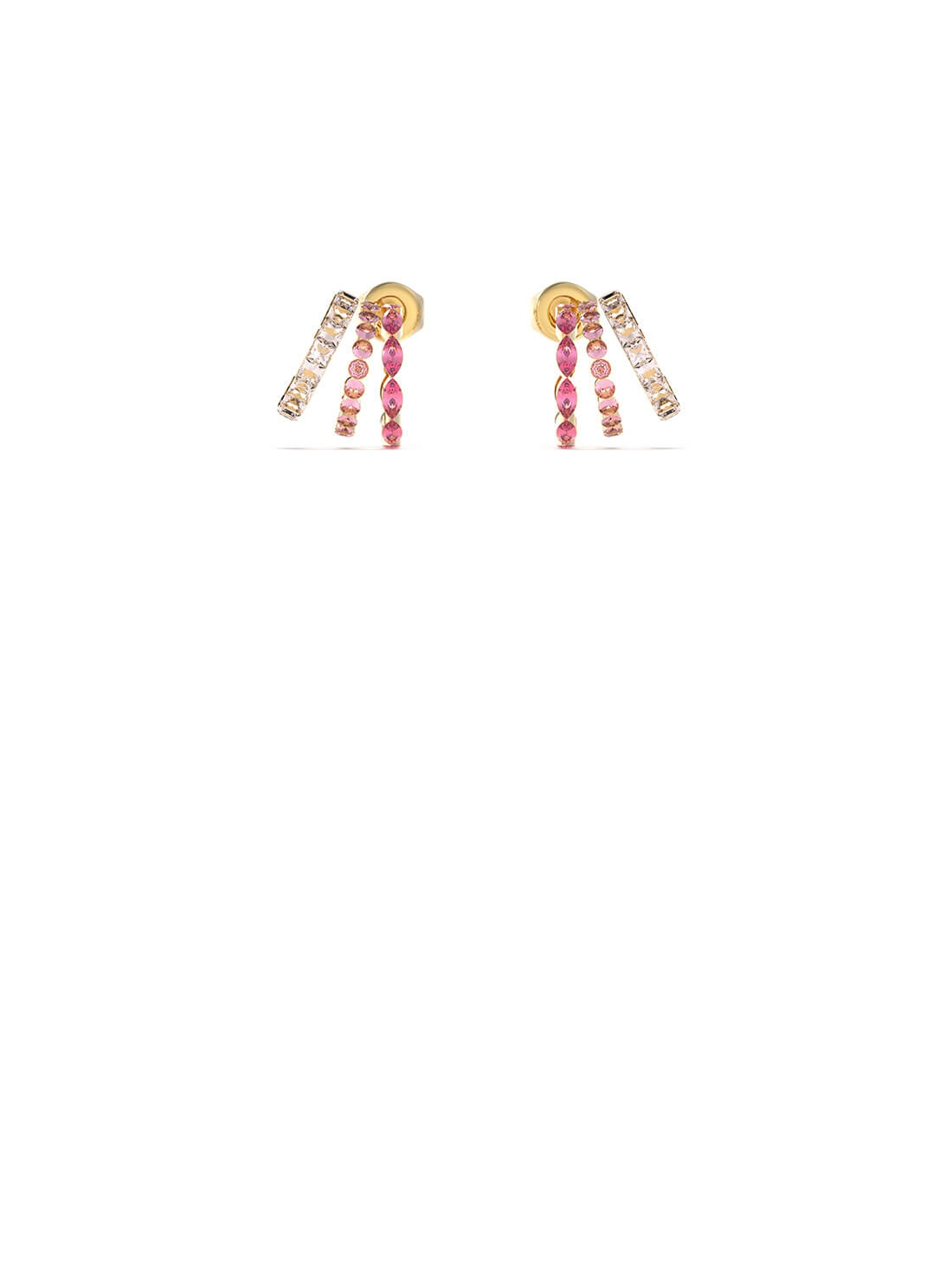 Gold Triple Mini Hoop Pink Stud Earrings