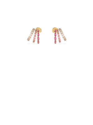 Gold Triple Mini Hoop Pink Stud Earrings