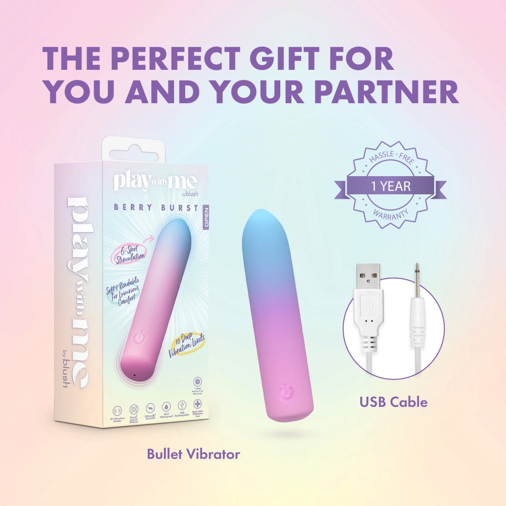Play With Me by Blush ®| Berry Burst 4 Inch Silicone Bullet Vibrator – USB Rechargeable Clitoral Nipple Massager – In Multicolor