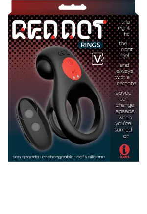 Red Dot Silicone Rechargeable Vibrating Cock Ring with Controller V2 - Black/Red