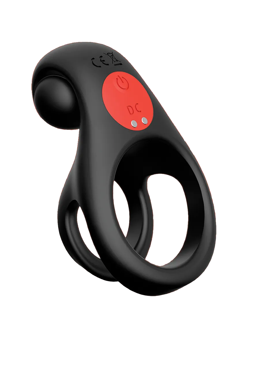 Red Dot Silicone Rechargeable Vibrating Cock Ring with Controller V2 - Black/Red