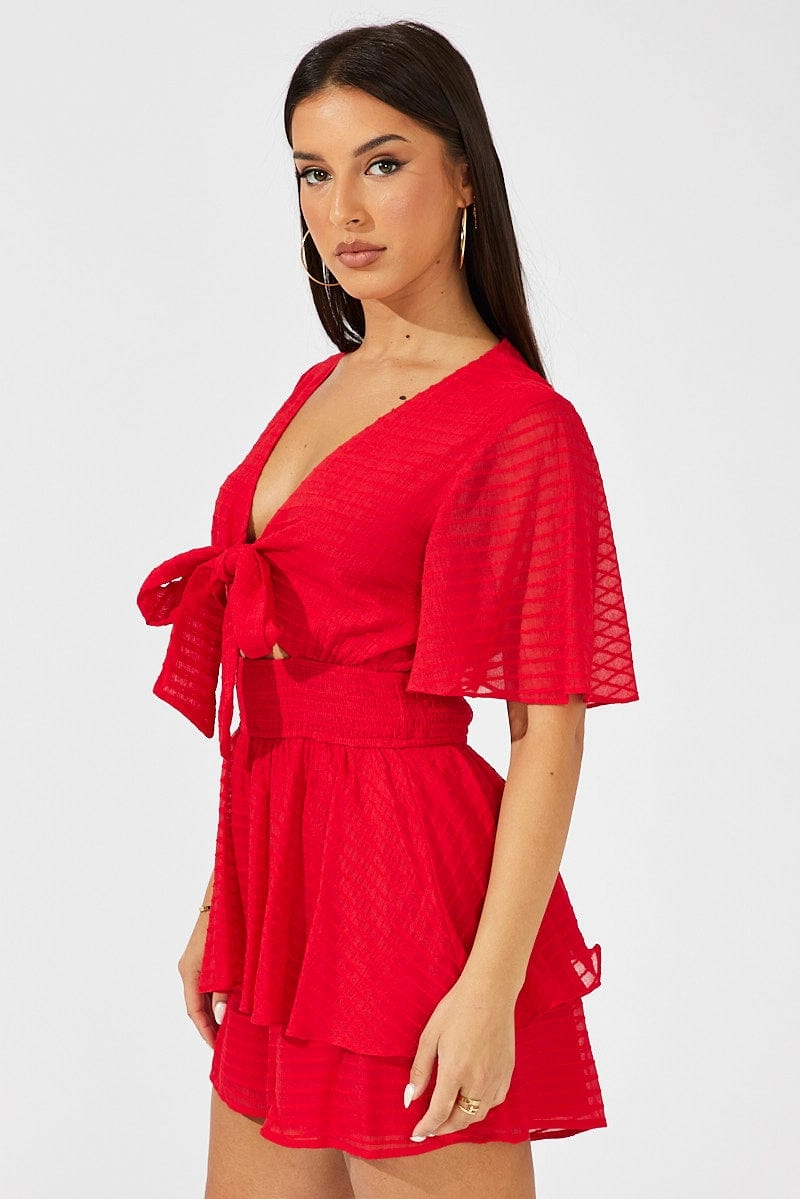 Red Playsuit Tie Front Wing Sleeve