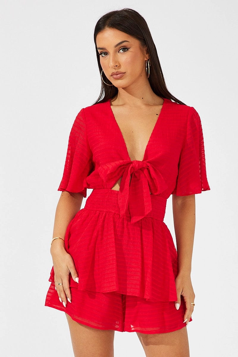 Red Playsuit Tie Front Wing Sleeve