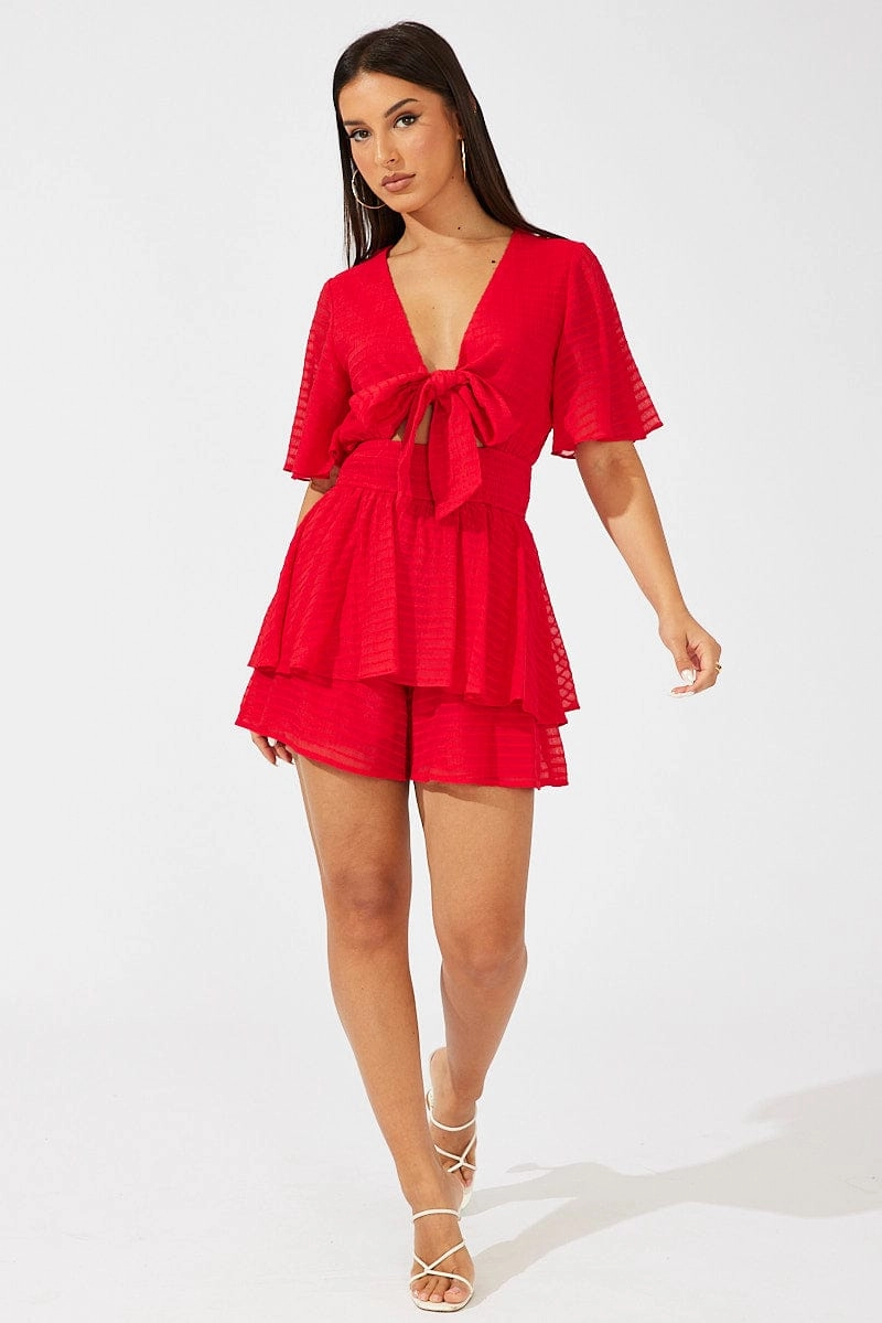 Red Playsuit Tie Front Wing Sleeve