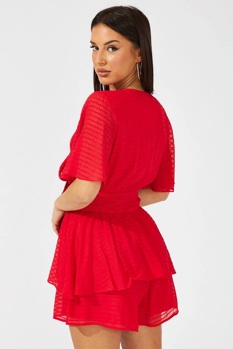 Red Playsuit Tie Front Wing Sleeve
