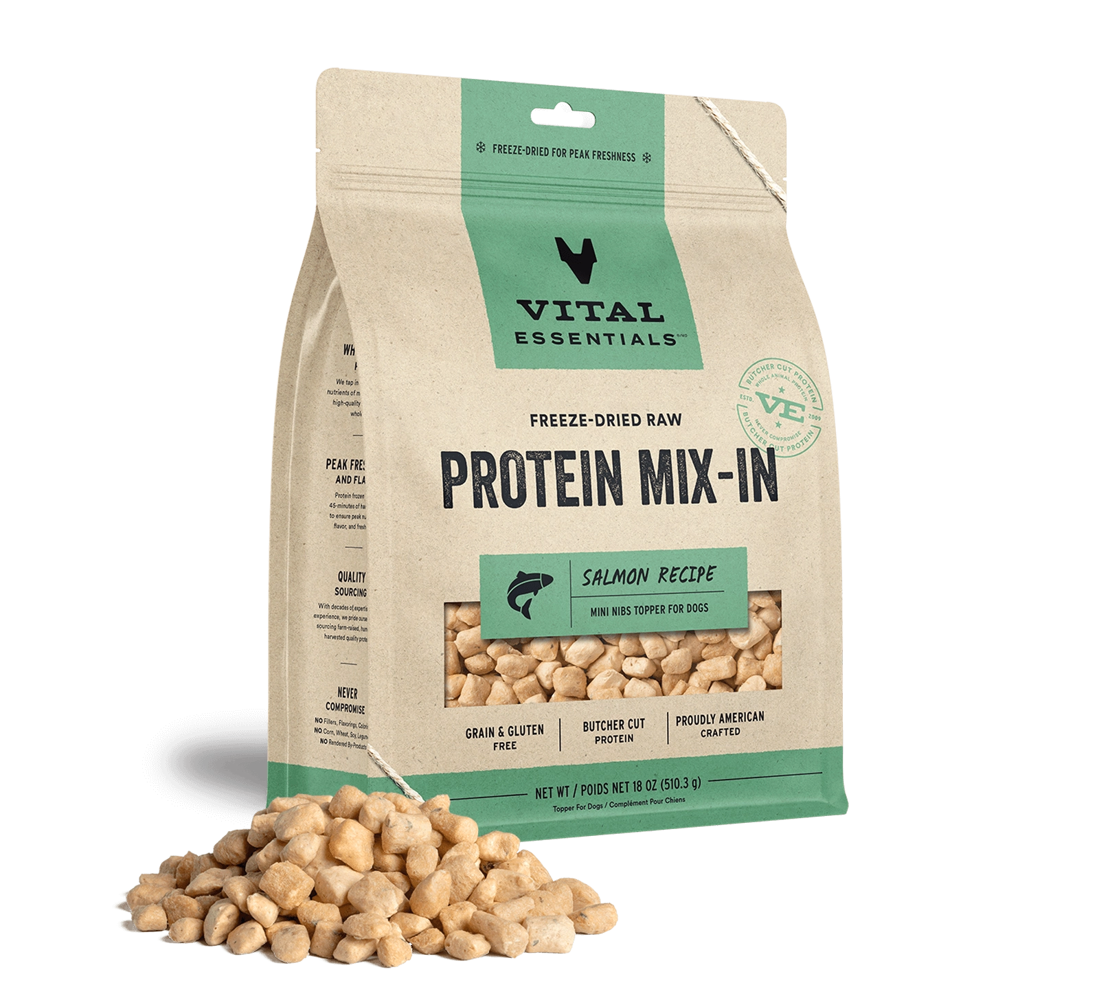Vital Essentials Salmon Recipe Freeze-Dried Raw Protein Mix-In Mini Nibs Topper For Dogs