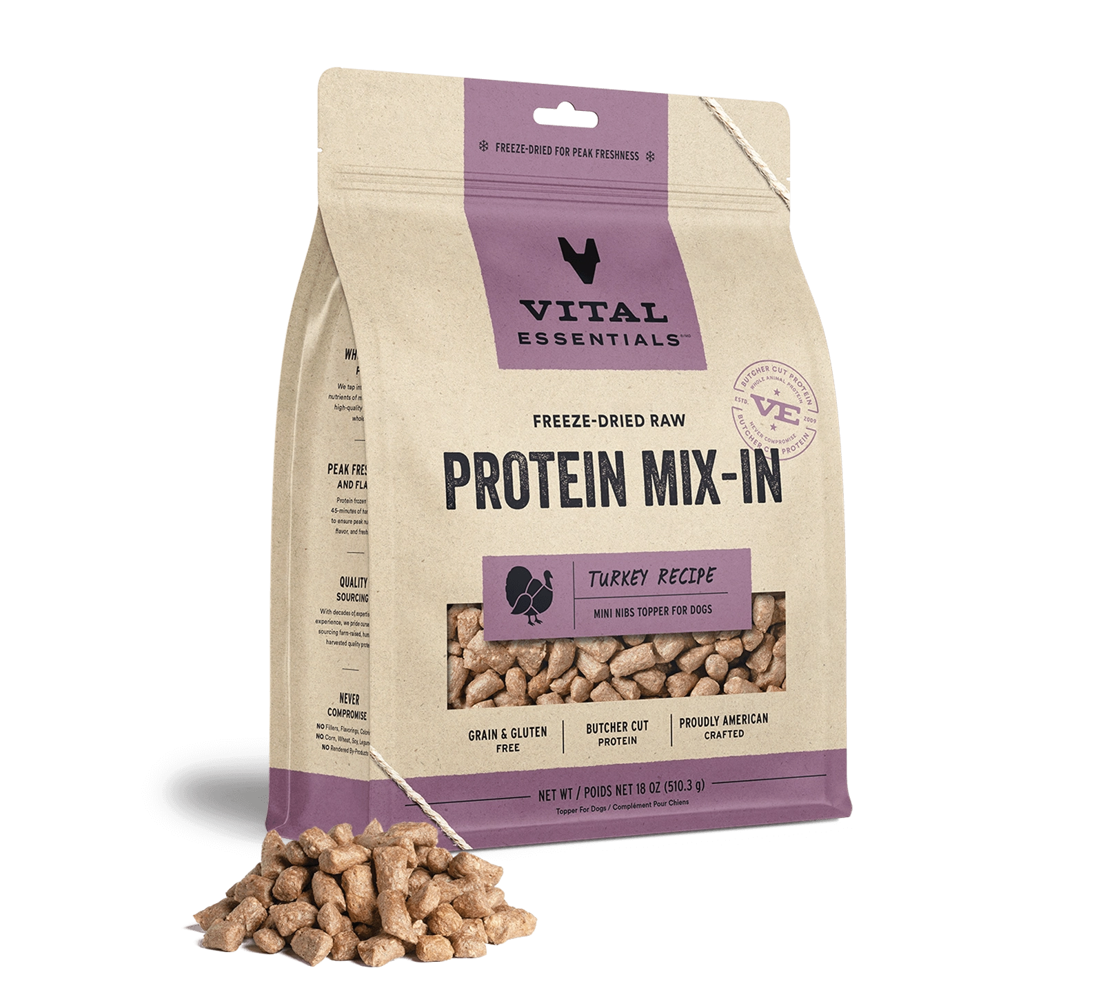 Vital Essentials Turkey Recipe Freeze-Dried Raw Protein Mix-In Mini Nibs Topper For Dogs