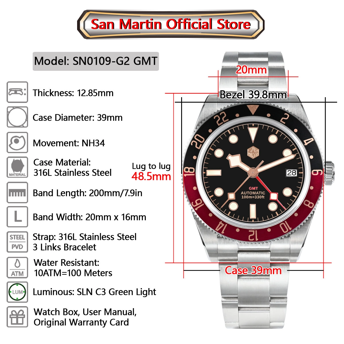 ★WeeklyDeal★San Martin NH34 BB58 GMT Watch SN0109 V2